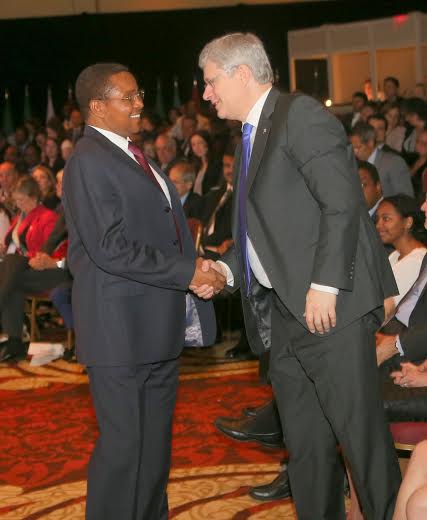 Canadian Prime Minister Right Honorable Stephen Harper congratulates President Kikwete for his initiative to curb Maternal and infant mortality in Tanzania during a summit held in Toronto Canada this morning on May 30. 2014